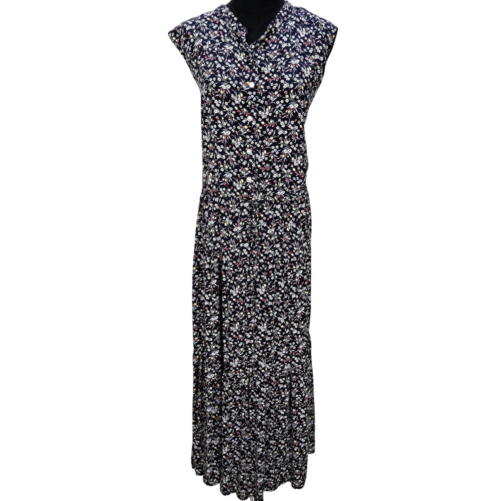 Women's Chaps 3X Tiered Maxi Dress Navy Blue Floral Button Front Sleeveless Boho